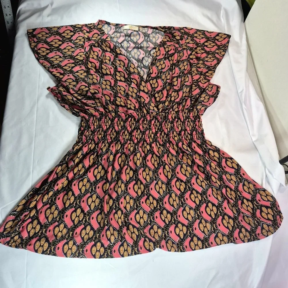 ACE Fashion Boho Peasant Blouse Tunic Top Pink Black Gold Smocked Waist V-Neck L - Picture 4 of 6